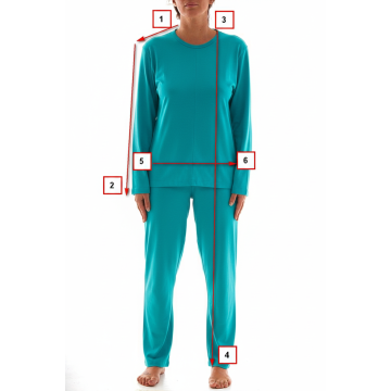Schema tecnico con punti di rilevazione 1-6 per taglie pigiami sanitari donna - Made in Italy