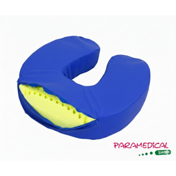 Collare cervicale da viaggio blu in memory foam con rivestimento impermeabile e sfoderabile.