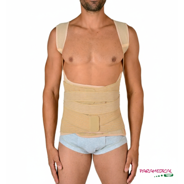 Corsetto ortopedico dorso-lombare color beige, vista frontale su modello - ParamedicalShop