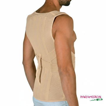 Corsetto elastico posturale beige con spallacci e fasce di trazione, vista tre quarti - ParamedicalShop