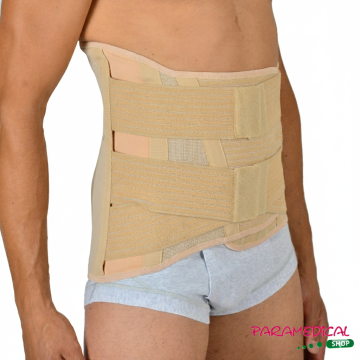 Supporto lombare elastico beige, vista laterale destra su modello - ParamedicalShop