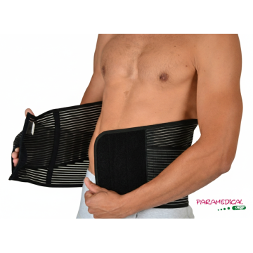 Dettaglio della regolazione ergonomica del corsetto lombare nero - ParamedicalShop
