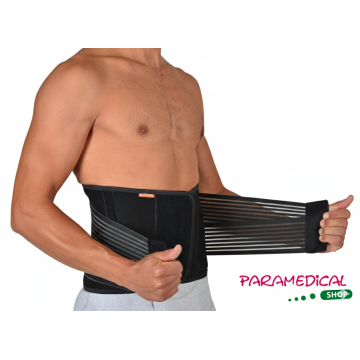 Dettaglio dei tiranti elastici e della chiusura laterale del corsetto Lumbofit Roten, formato quadrato con logo ParamedicalShop.